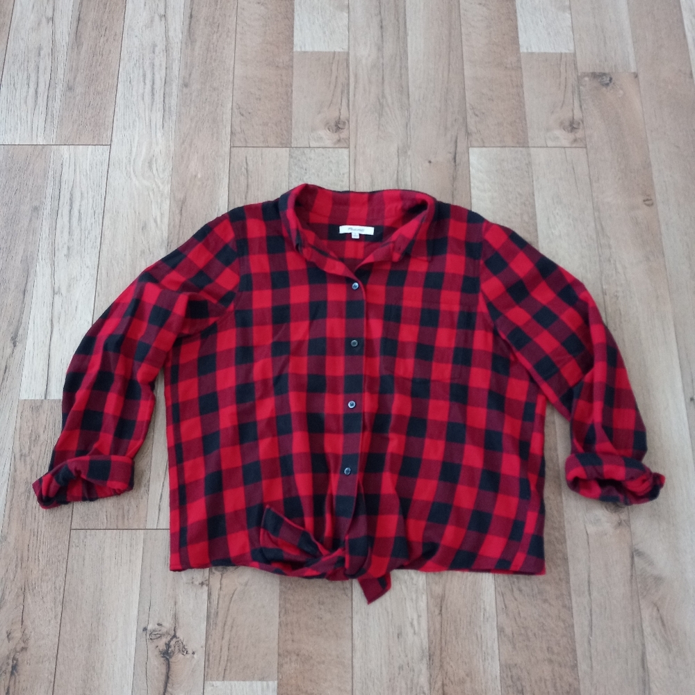 Madewell Flannel Tie Front Shirt Buffalo Check Plaid Red Black Cotton Blouse